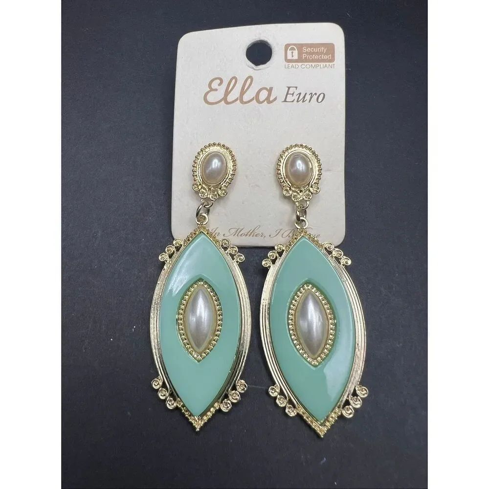 New! Ella Euro Light Blue Marquise Gold Tone Faux Pearl Earrings